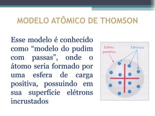 MODELO ATÔMICO DE THOMSON

Esse modelo é conhecido
como “modelo do pudim
com passas”, onde o
átomo seria formado por
uma esfera de carga
positiva, possuindo em
sua superfície elétrons
incrustados
 