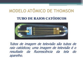 MODELO ATÔMICO DE THOMSON
    TUBO DE RAIOS CATÓDICOS




Tubos de imagem de televisão são tubos de
raio catódicos; uma imagem de televisão é o
resultado da fluorescência da tela do
aparelho.
 