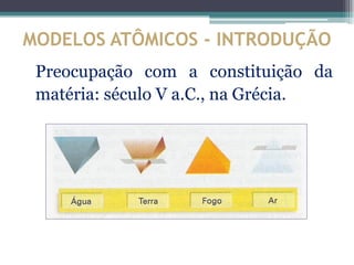 MODELOS ATÔMICOS - INTRODUÇÃO
 Preocupação com a constituição da
 matéria: século V a.C., na Grécia.
 