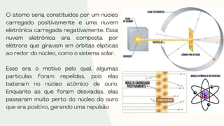 O átomo seria constituídos por um núcleo
carregado positivamente e uma nuvem
eletrônica carregada negativamente. Essa
nuvem eletrônica era composta por
elétrons que giravam em órbitas elípticas
ao redor do núcleo, como o sistema solar.
Esse era o motivo pelo qual, algumas
partículas foram repelidas, pois elas
bateram no núcleo atômico de ouro.
Enquanto as que foram desviadas, elas
passaram muito perto do núcleo do ouro
que era positivo, gerando uma repulsão
 
