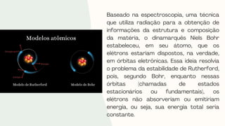 Baseado na espectroscopia, uma técnica
que utiliza radiação para a obtenção de
informações da estrutura e composição
da matéria, o dinamarquês Niels Bohr
estabeleceu, em seu átomo, que os
elétrons estariam dispostos, na verdade,
em órbitas eletrônicas. Essa ideia resolvia
o problema da estabilidade de Rutherford,
pois, segundo Bohr, enquanto nessas
órbitas (chamadas de estados
estacionários ou fundamentais), os
elétrons não absorveriam ou emitiriam
energia, ou seja, sua energia total seria
constante.
 
