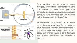 Para verificar se os átomos eram
maciços, Rutherford bombardeou uma
fina lâmina de ouro com pequenas
partículas de carga positivas, denominada
partículas alfa, emitidas por um material
radioativo proveniente do polônio.
Ele observou que a maior parte dessas
partículas atravessava a lâmina, algumas
eram repelidas e outras eram desviadas. A
conclusão que ele chegou era átomo
possui um grande vazio e seria formada
por outras partículas: os prótons e
elétrons.
 