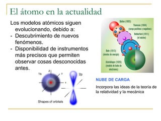 El átomo en la actualidad 
Los modelos atómicos siguen 
evolucionando, debido a: 
- Descubrimiento de nuevos 
fenómenos. 
...