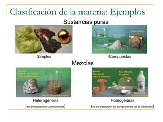 Clasificación de la materia: Ejemplos 
Sustancias puras 
Simples Compuestas 
Mezclas 
Heterogéneas 
(se distinguen los com...