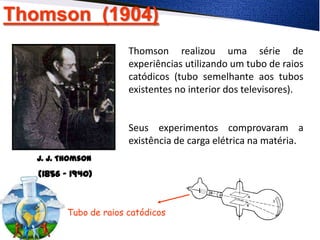 Thomson (1904)
J. J. Thomson
(1856 - 1940)
Thomson realizou uma série de
experiências utilizando um tubo de raios
catódicos (tubo semelhante aos tubos
existentes no interior dos televisores).
Seus experimentos comprovaram a
existência de carga elétrica na matéria.
Tubo de raios catódicos
 