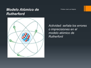 Profesor José Luis Gajardo
Modelo Atómico de
Rutherford
Actividad: señala los errores
o imprecisiones en el
modelo atómico de
Rutherford
 