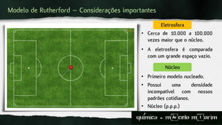 Modelo de Rutherford – Considerações importantes
Eletrosfera
Núcleo
• Cerca de 10.000 a 100.000
vezes maior que o núcleo.
• Possui uma densidade
incompatível com nossos
padrões cotidianos.
• A eletrosfera é comparada
com um grande espaço vazio.
• Primeiro modelo nucleado.
• Núcleo (p.p.p.)
quimica - m)celo mIorim´
 
