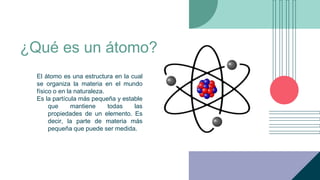 ¿Qué es un átomo?
El átomo es una estructura en la cual
se organiza la materia en el mundo
físico o en la naturaleza.
Es l...