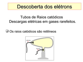 Descoberta dos elétronsDescoberta dos elétrons
Tubos de Raios catódicos
Descargas elétricas em gases rarefeitos.
 Os raios catódicos são retilíneos
 