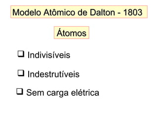 Modelo Atômico de Dalton - 1803Modelo Atômico de Dalton - 1803
ÁtomosÁtomos
 Indivisíveis
 Indestrutíveis
 Sem carga elétrica
 