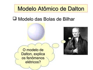 Modelo Atômico de DaltonModelo Atômico de Dalton
 Modelo das Bolas de Bilhar
O modelo de
Dalton, explica
os fenômenos
elétricos?
 