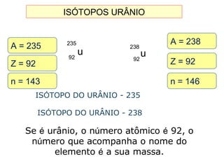 ISÓTOPOS URÂNIO
ISÓTOPO DO URÂNIO - 235
Se é urânio, o número atômico é 92, o
número que acompanha o nome do
elemento é a sua massa.
ISÓTOPO DO URÂNIO - 238
u92
235
u92
238
Z = 92
A = 238
n = 146
A = 235
Z = 92
n = 143
 