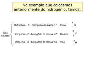 No exemplo que colocamos
anteriormente do hidrogênio, temos:
Três
isótopos
Hidrogênio – 1 – hidrogênio de massa = 1 HPrótio
1
1
Hidrogênio – 2 – hidrogênio de massa = 2 Deutério
Hidrogênio – 3 – hidrogênio de massa = 3 Trítio
H
1
2
H
3
1
 
