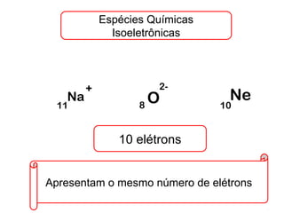 Espécies Químicas
Isoeletrônicas
Na
2-
11
O8
+
Ne
10
Apresentam o mesmo número de elétrons
10 elétrons
 