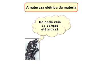 De onde vêm
as cargas
elétricas?
A natureza elétrica da matéria
 