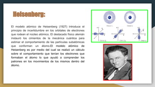Heisenberg:
El modelo atómico de Heisenberg (1927) introduce el
principio de incertidumbre en los orbitales de electrones
que rodean el núcleo atómico. El destacado físico alemán
instauró los cimientos de la mecánica cuántica para
estimar el comportamiento de las partículas subatómicas
que conforman un átomo.El modelo atómico de
Heisenberg es por medio del cual se realizó un cálculo
sobre el comportamiento que tenían los electrones que
formaban el átomo lo que ayudó a comprender los
patrones en los movimientos de los mismos dentro del
átomo.
 