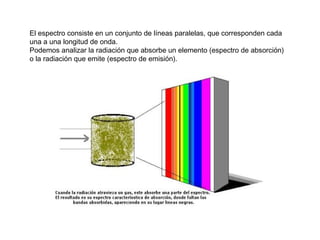El espectro consiste en un conjunto de líneas paralelas, que corresponden cada
una a una longitud de onda.
Podemos analizar la radiación que absorbe un elemento (espectro de absorción)
o la radiación que emite (espectro de emisión).
 