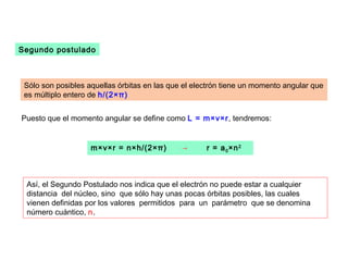 Segundo postulado



 Sólo son posibles aquellas órbitas en las que el electrón tiene un momento angular que
 es múltiplo entero de h/(2×π)


Puesto que el momento angular se define como L = m×v×r, tendremos:


                    m×v×r = n×h/(2×π)         →      r = a 0 ×n 2    



 Así, el Segundo Postulado nos indica que el electrón no puede estar a cualquier
 distancia del núcleo, sino que sólo hay unas pocas órbitas posibles, las cuales
 vienen definidas por los valores permitidos para un parámetro que se denomina
 número cuántico, n.
 