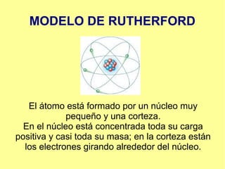 MODELO DE RUTHERFORD
El átomo está formado por un núcleo muy
pequeño y una corteza.
En el núcleo está concentrada toda su carga
positiva y casi toda su masa; en la corteza están
los electrones girando alrededor del núcleo.