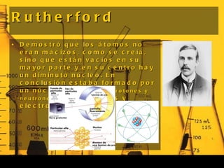 Rutherford <ul><li>Demostró que los átomos no eran macizos, como se creía, sino que están vacíos en su mayor parte y en su...