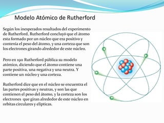 Modelo Atómico de Rutherford
Según los inesperados resultados del experimento
de Rutherford, Rutherford concluyó que el átomo
esta formado por un núcleo que era positivo y
contenía el peso del átomo, y una corteza que son
los electrones girando alrededor de este núcleo.

Pero en 1911 Rutherford pública su modelo
atómico, diciendo que el átomo contiene una
parte positiva, una negativa y una neutra. Y
contiene un núcleo y una corteza.

Rutherford dice que en el núcleo se encuentra el
las partes positivas y neutras, y son las que
contienen el peso del átomo, y la corteza son los
electrones que giran alrededor de este núcleo en
orbitas circulares y elípticas.
 