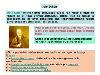 John Dalton
John Dalton enunció unos postulados que le han valido el titulo de
"padre de la teoría atómica-molecular". Dalton trató de buscar la
explicación de las leyes ponderales que experimentalmente habían
comprobado él y otros químicos europeos.
Para él tenía que cumplirse, ante todo, que los
átomos de cada elemento debían tener la misma
masa.
Dalton llegó a expresar sus postulados después
de haber experimentado y comprobado:

- El comportamiento de los gases de acuerdo con las Leyes de Boyle y
Charles.
- La Ley de Gay-Lussac relativa a los volúmenes gaseosos de
combinación.
- La Ley de conservación de la masa enunciada por Lavoisier.
- La ley de composición constante.
- La ley de las proporciones múltiples.

 