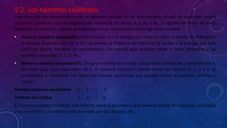 5.2. Los números cuánticos.
Para describir las características de un electrón situado en un determinado orbital, se necesitan cuatro
números cuánticos, que se representan mediante las letras n, l, ml y ms. El significado físico de estos
números, así como los valores que pueden tomar, se describen de la siguiente manera:
• Número cuántico principal(n). Esta relación con la energía del electrón. Para el átomo de hidrogeno,
la energía depende sólo de n. Si n aumenta, la distancia del electrón al núcleo y la energía que esta
partícula posee, también se incrementan. Los valores que pueden tomar n están limitados a los
números naturales: 1, 2, 3, etc.
• Número cuántico secundario(l). Designa la forma del orbital. Los posibles valores de l dependen de n,
de modo que, para cada valor de n, el número cuántico l puede tomar los valores 0, 1, 2 y 3. se
acostumbra a simbolizar con letras los valores numéricos que pueden tomar el numero cuántico l,
según:
Número cuántico secundario 0 1 2 3
Símbolo del orbital s p f g
El número cuántico l también nos informa sobre la geometría que tiene el orbital. Por ejemplo, un orbital
s es un esférico, un orbital p esta formado por dos lóbulos, etc.
 