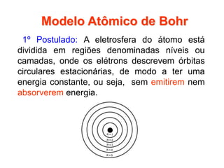 1º Postulado: A eletrosfera do átomo está
dividida em regiões denominadas níveis ou
camadas, onde os elétrons descrevem órbitas
circulares estacionárias, de modo a ter uma
energia constante, ou seja, sem emitirem nem
absorverem energia.
Modelo Atômico de Bohr
 