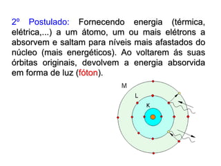2º Postulado: Fornecendo energia (térmica,
elétrica,...) a um átomo, um ou mais elétrons a
absorvem e saltam para níveis mais afastados do
núcleo (mais energéticos). Ao voltarem ás suas
órbitas originais, devolvem a energia absorvida
em forma de luz (fóton).
 