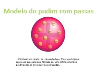 Com base nos estudos dos raios catódicos, Thomson chegou a
conclusão que, o átomo é formado por uma esfera com massa
positiva onde os elétrons estão encrustados.
 