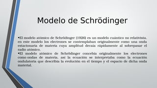 Modelo de Schrödinger
•El modelo atómico de Schrödinger (1926) es un modelo cuántico no relativista. 
en  este  modelo  los  electrones  se  contemplaban  originalmente  como  una  onda 
estacionaria  de  materia  cuya  amplitud  decaía  rápidamente  al  sobrepasar  el 
radio atómico.
•El  modelo  atómico  de  Schrödinger  concebía  originalmente  los  electrones 
como ondas  de  materia.  así  la  ecuación  se  interpretaba  como  la  ecuación 
ondulatoria que describía la evolución en el tiempo y el espacio de dicha onda 
material. 
 