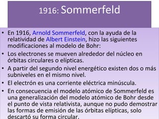 1916:  Sommerfeld En 1916,  Arnold Sommerfeld , con la ayuda de la relatividad de  Albert Einstein , hizo las siguientes modificaciones al modelo de Bohr: Los electrones se mueven alrededor del núcleo en órbitas circulares o elípticas. A partir del segundo nivel energético existen dos o más subniveles en el mismo nivel. El electrón es una corriente eléctrica minúscula. En consecuencia el modelo atómico de Sommerfeld es una generalización del modelo atómico de Bohr desde el punto de vista relativista, aunque no pudo demostrar las formas de emisión de las órbitas elípticas, solo descartó su forma circular. 