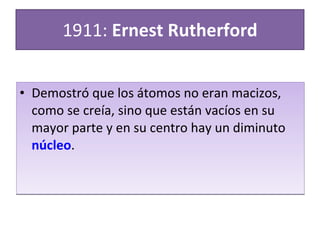 1911:  Ernest Rutherford Demostró que los átomos no eran macizos, como se creía, sino que están vacíos en su mayor parte y en su centro hay un diminuto  núcleo . 