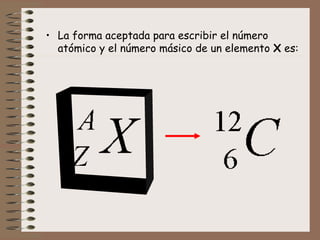 • La forma aceptada para escribir el número
atómico y el número másico de un elemento X es:
 