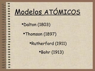Modelos ATÓMICOS
Dalton (1803)
Thomson (1897)
Rutherford (1911)
Bohr (1913)
 