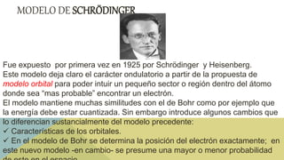 MODELO DE SCHRÖDINGER
Fue expuesto por primera vez en 1925 por Schrödinger y Heisenberg.
Este modelo deja claro el carácter ondulatorio a partir de la propuesta de
modelo orbital para poder intuir un pequeño sector o región dentro del átomo
donde sea “mas probable” encontrar un electrón.
El modelo mantiene muchas similitudes con el de Bohr como por ejemplo que
la energía debe estar cuantizada. Sin embargo introduce algunos cambios que
lo diferencian sustancialmente del modelo precedente:
 Características de los orbitales.
 En el modelo de Bohr se determina la posición del electrón exactamente; en
este nuevo modelo -en cambio- se presume una mayor o menor probabilidad
 