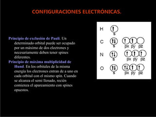 Principio de exclusión de Pauli. Un
determinado orbital puede ser ocupado
por un máximo de dos electrones y
necesariamente deben tener spines
diferentes.
Principio de máxima multiplicidad de
Hund. En los orbitales de la misma
energía los electrones entran de a uno en
cada orbital con el mismo spín. Cuando
se alcanza el semi llenado, recién
comienza el apareamiento con spines
opuestos.
 