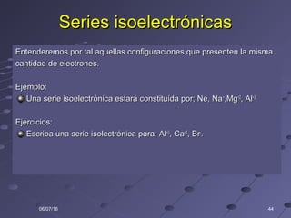 Series isoelectrónicasSeries isoelectrónicas
Entenderemos por tal aquellas configuraciones que presenten la mismaEntenderemos por tal aquellas configuraciones que presenten la misma
cantidad de electrones.cantidad de electrones.
Ejemplo:Ejemplo:
Una serie isoelectrónica estará constituída por; Ne, NaUna serie isoelectrónica estará constituída por; Ne, Na++
,Mg,Mg+2+2
, Al, Al+3.+3.
Ejercicios:Ejercicios:
Escriba una serie isolectrónica para; AlEscriba una serie isolectrónica para; Al+3+3
, Ca, Ca+2+2
, Br, Br--
..
06/07/16 44
 