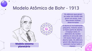 Modelo Atômico de Bohr - 1913
O átomo é incrivelmente
pequeno, mesmo assim
a maior parte do átomo
é espaço vazio. O
diâmetro do núcleo
atômico é cerca de cem
mil vezes menor que o
átomo todo. Os elétrons
giram tão depressa que
parecem tomar todo o
espaço.
Modelo sistema
planetário
Os elétrons que giram
ao redor do núcleo não
giram ao acaso, mas
descrevem órbitas
determinadas
 