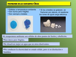 PROPIEDADES DE LOS COMPUESTOS IÓNICOS  Sólidos a temperatura ambiente Son siempre cristales Son duros pero frágiles Si los cristales se golpean, se  fracturan por planos, al repelerse  los iones de igual carga eléctrica A temperatura ambiente son sólidos de altos puntos de fusión y ebullición. Son duros pero frágiles. Se disuelven mejor en agua que en otros disolventes. No conducen la electricidad en estado sólido, pero sí en disolución o fundidos . 