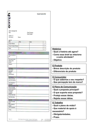 Histórico
- Qual a história até agora?
- Como esse brief se relaciona
    a outra atividade?
- Objetivo

O Produto
- Breve descrição do produto
- Diferenciais do produto

O Consumidor
- O que sabemos a seu respeito?
- Que percepção tem da marca?

O Plano de Comunicação
- Qual a proposta principal?
- O que suporta essa proposta?
- Proteja essas ideias.
- Rejeite essas idéias.

O Trabalho
- Qual o plano de mídia?
- Que material de apoio é
necessário?
- Obrigatoriedades.
- Prazo.
 