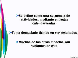Se define como una secuencia de actividades, mediante entregas calendarizadas. Toma demasiado tiempo en ver resultados Muchos de los otros modelos son variantes de este 