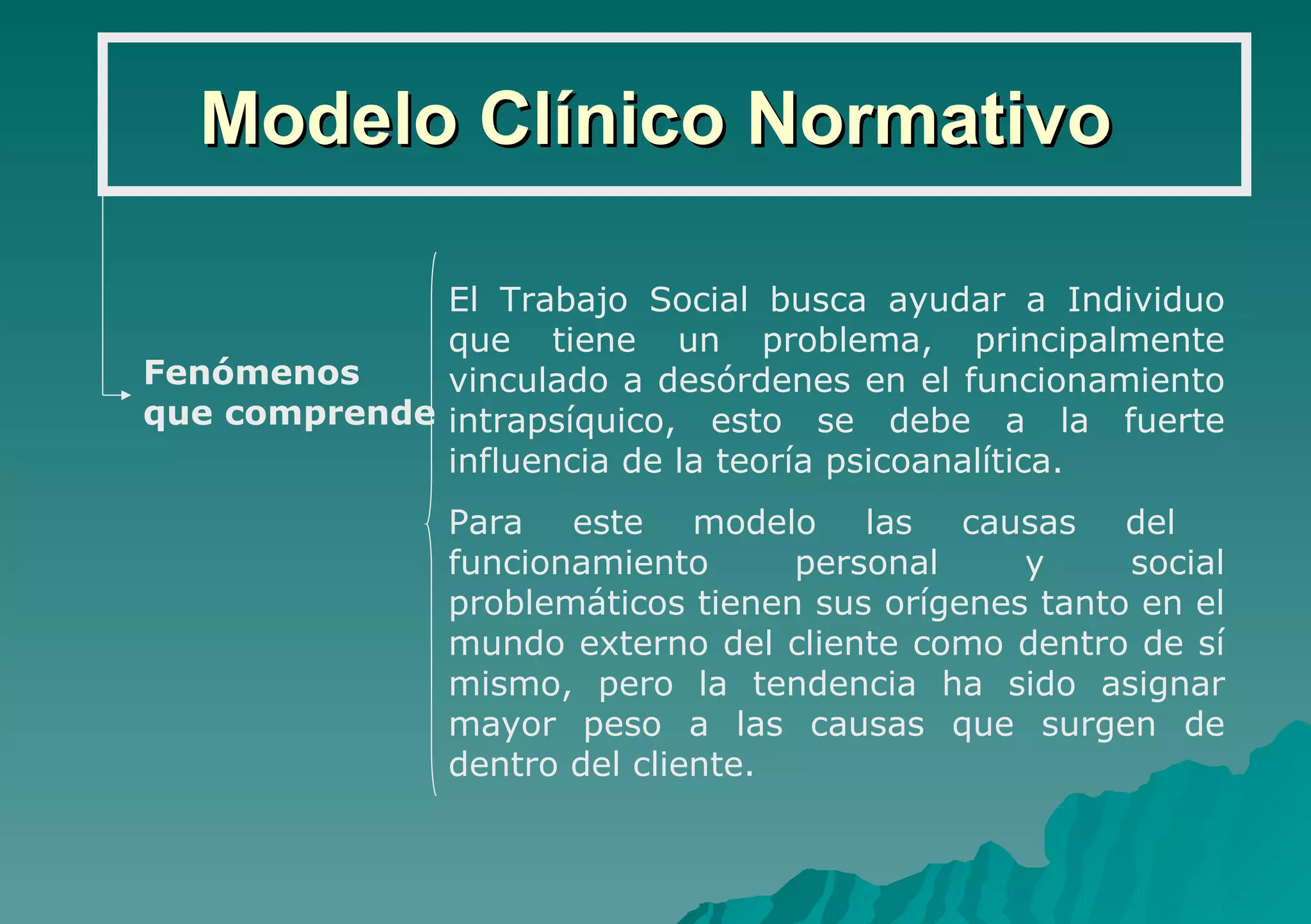 Modelo Clínico Normativo Fenómenos que comprende El Trabajo Social busca ayudar a Individuo que tiene un problema, principalmente vinculado a desórdenes en el funcionamiento intrapsíquico, esto se debe a la fuerte influencia de la teoría psicoanalítica. Para este modelo las causas del  funcionamiento personal y social problemáticos tienen sus orígenes tanto en el mundo externo del cliente como dentro de sí mismo, pero la tendencia ha sido asignar mayor peso a las causas que surgen de dentro del cliente. 