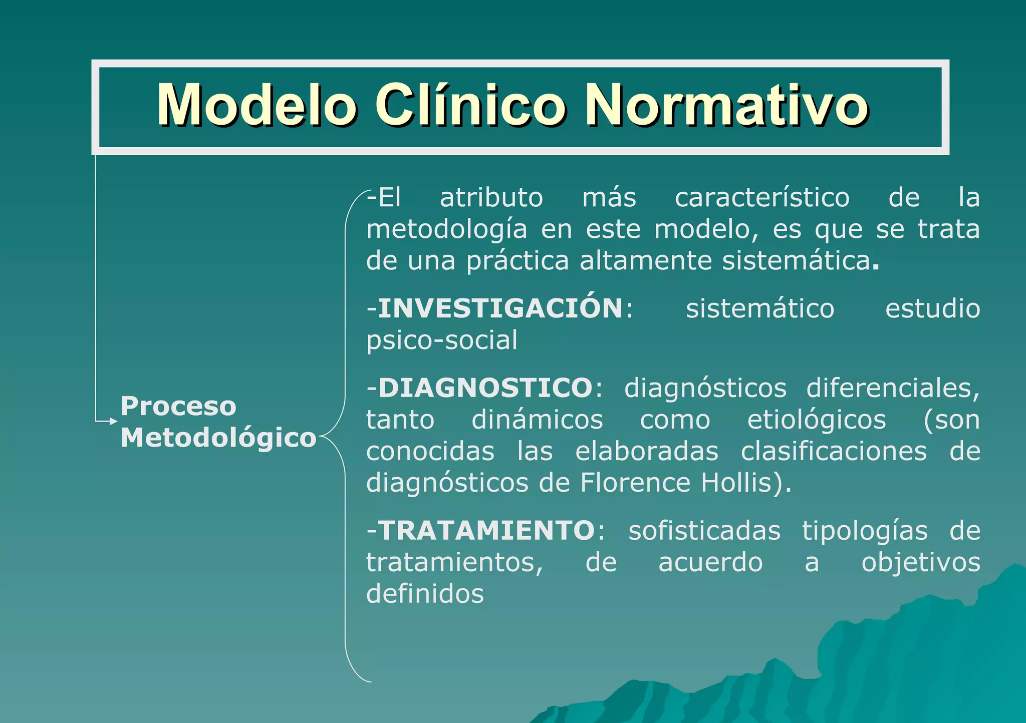 Modelo Clínico Normativo Proceso  Metodológico El atributo más característico de la metodología en este modelo, es que se trata de una práctica altamente sistemática . INVESTIGACIÓN : sistemático estudio psico-social DIAGNOSTICO : diagnósticos diferenciales, tanto dinámicos como etiológicos (son conocidas las elaboradas clasificaciones de diagnósticos de Florence Hollis). TRATAMIENTO : sofisticadas tipologías de tratamientos, de acuerdo a objetivos definidos 