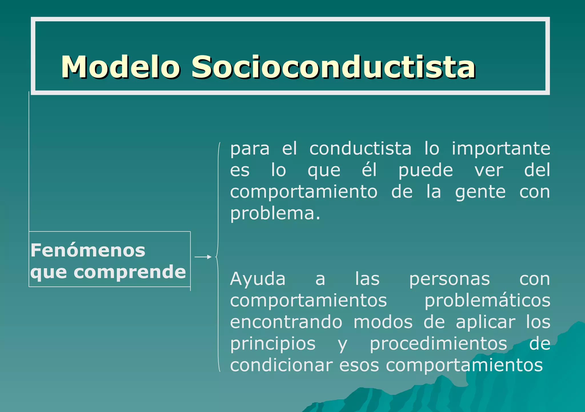 Modelo Socioconductista Fenómenos  que comprende para el conductista lo importante es lo que él puede ver del comportamiento de la gente con problema. Ayuda a las personas con comportamientos problemáticos encontrando modos de aplicar los principios y procedimientos de condicionar esos comportamientos 