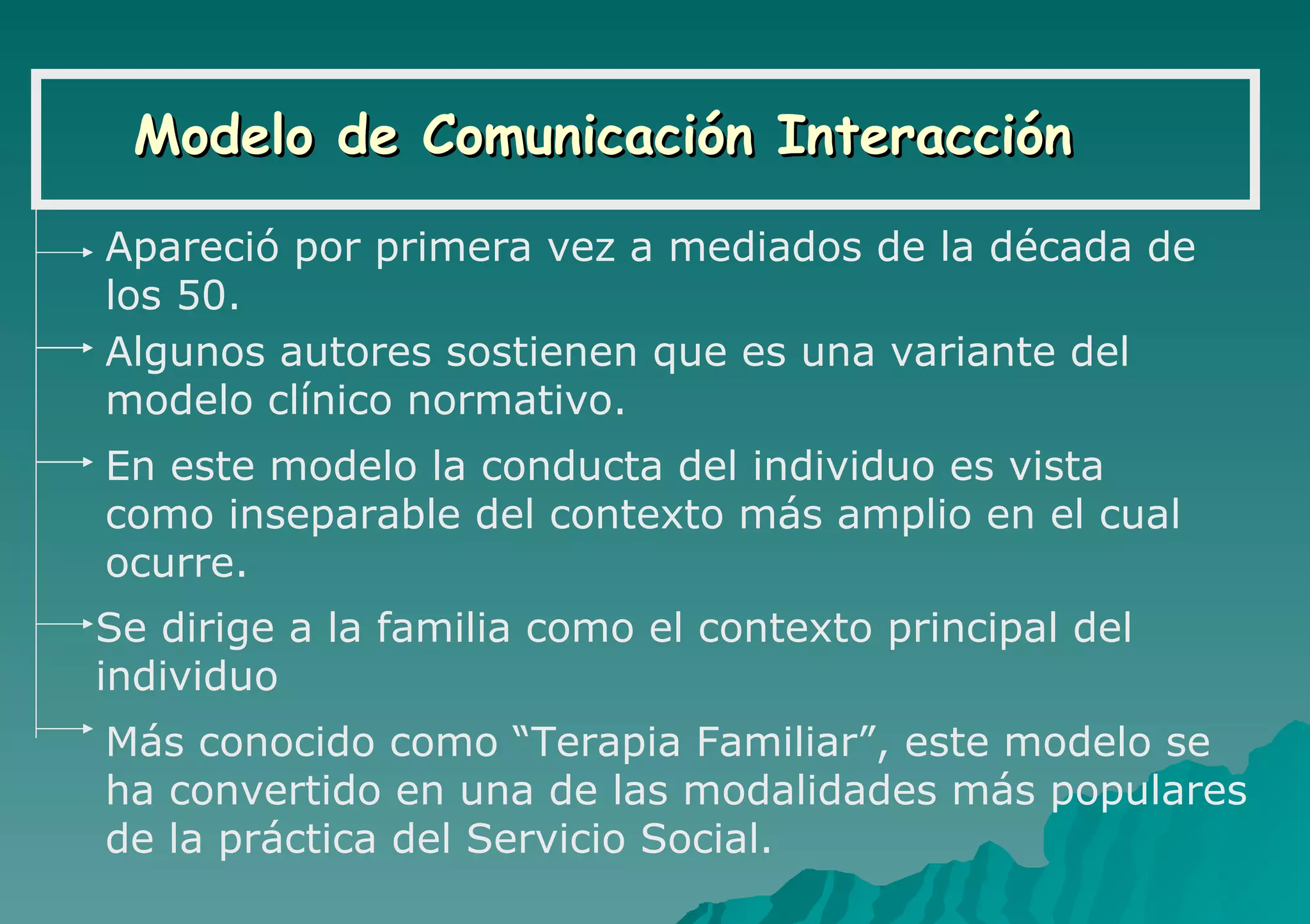Modelo de Comunicación Interacción Apareció por primera vez a mediados de la década de los 50. Algunos autores sostienen que es una variante del modelo clínico normativo. En este modelo la conducta del individuo es vista como inseparable del contexto más amplio en el cual ocurre. Se dirige a la familia como el contexto principal del individuo Más conocido como “Terapia Familiar”, este modelo se ha convertido en una de las modalidades más populares de la práctica del Servicio Social. 