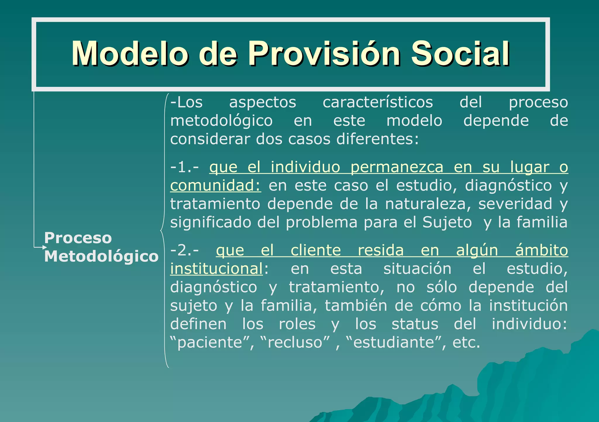 Modelo de Provisión Social Proceso  Metodológico Los aspectos característicos del proceso metodológico en este modelo depende de considerar dos casos diferentes: 1.-  que el individuo permanezca en su lugar o comunidad:  en este caso el estudio, diagnóstico y tratamiento depende de la naturaleza, severidad y significado del problema para el Sujeto  y la familia 2.-  que el cliente resida en algún ámbito institucional : en esta situación el estudio, diagnóstico y tratamiento, no sólo depende del sujeto y la familia, también de cómo la institución definen los roles y los status del individuo: “paciente”, “recluso” , “estudiante”, etc. 