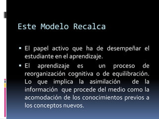 Este Modelo RecalcaEl papel activo que ha de desempeñar el estudiante en el aprendizaje.El aprendizaje es  un proceso de reorganización cognitiva o de equilibración. Lo que implica la asimilación  de la información  que procede del medio como la acomodación de los conocimientos previos a los conceptos nuevos.