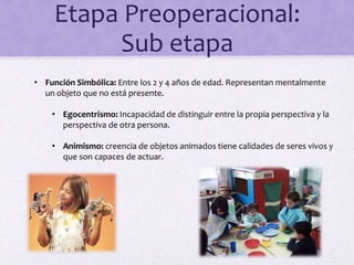 Etapa Preoperacional:
Sub etapa
• Función Simbólica: Entre los 2 y 4 años de edad. Representan mentalmente
un objeto que no está presente.
• Egocentrismo: Incapacidad de distinguir entre la propia perspectiva y la
perspectiva de otra persona.
• Animismo: creencia de objetos animados tiene calidades de seres vivos y
que son capaces de actuar.
 