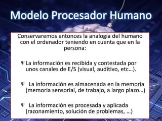 Conservaremos entonces la analogía del humano
con el ordenador teniendo en cuenta que en la
persona:
La información es recibida y contestada por
unos canales de E/S (visual, auditivo, etc…).
La información es almacenada en la memoria
(memoria sensorial, de trabajo, a largo plazo…)
La información es procesada y aplicada
(razonamiento, solución de problemas, …)